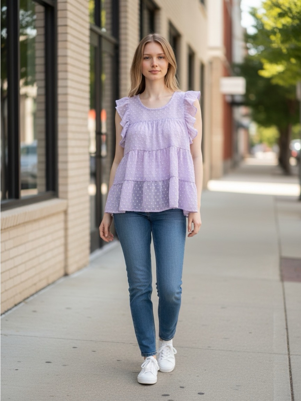 Mi Amore Lavender Ruffled Dot Tiered Blouse